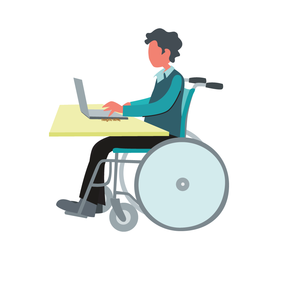 The picture shows a man in a wheelchair sitting at a desk on a laptop