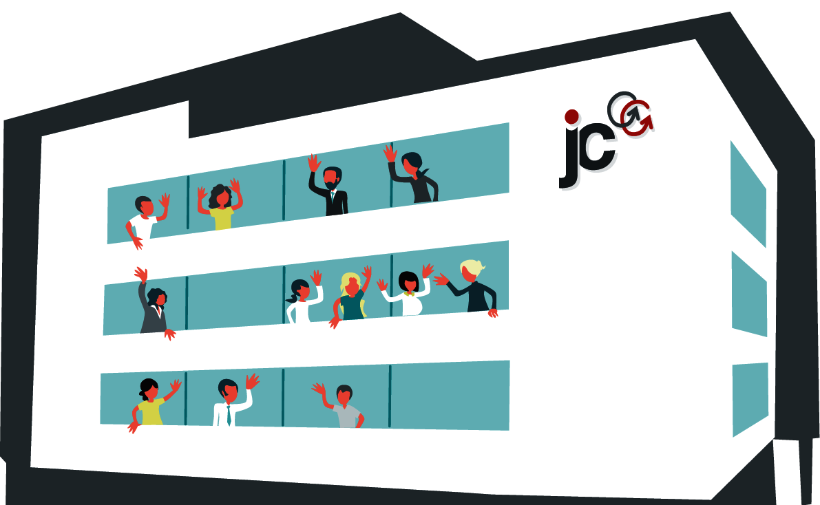 Grafik des Jobcenter-Gebäudes mit Menschen an den Fenstern