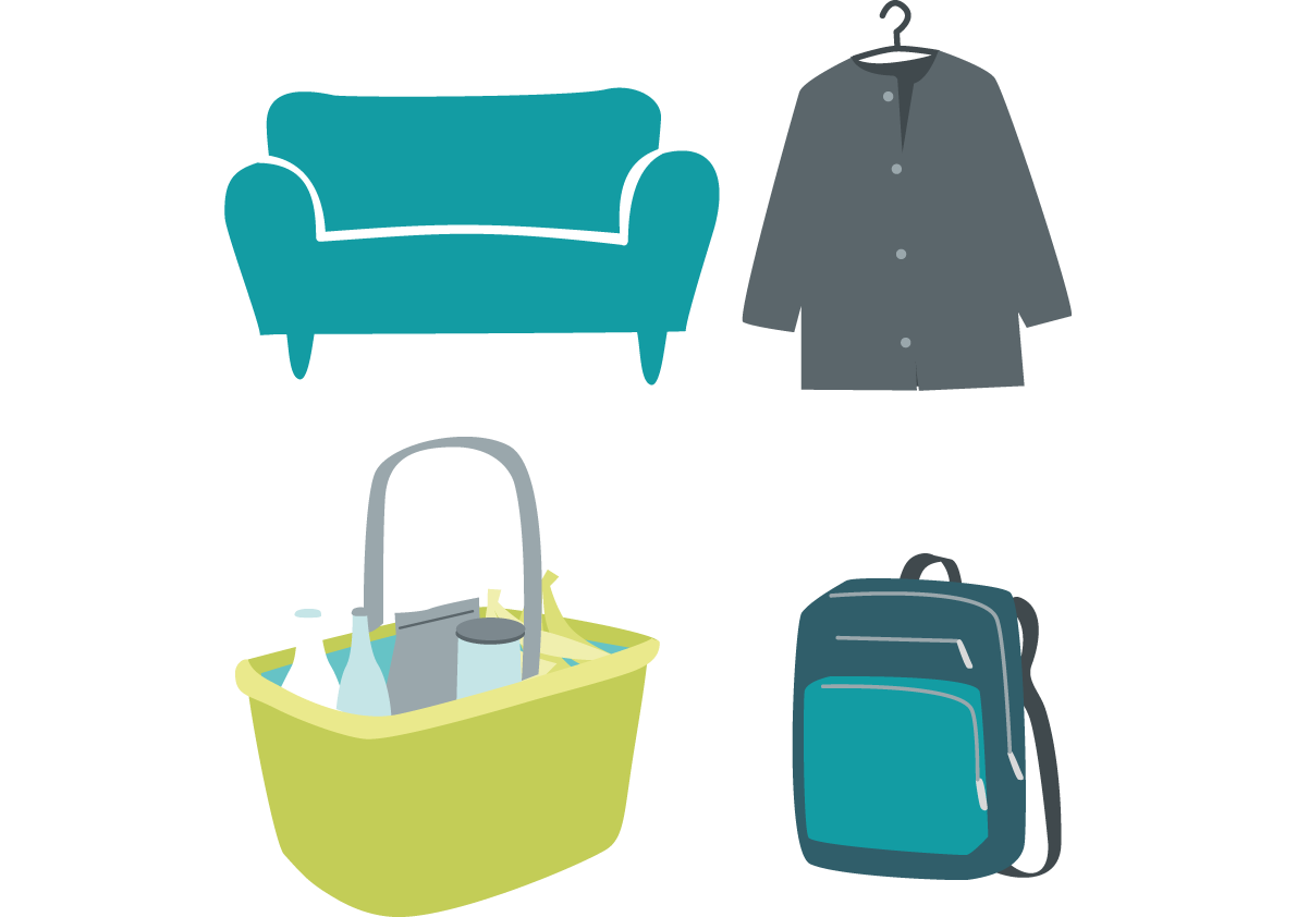 Abgebildet sind ein Sofa, ein Kleidungsstück (Oberteil), ein Korb mit Lebensmitteln und ein Rucksack