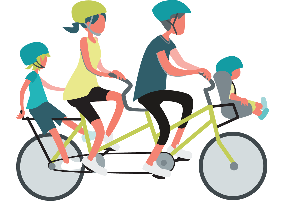 Parents sit together with two children on a tandem bike