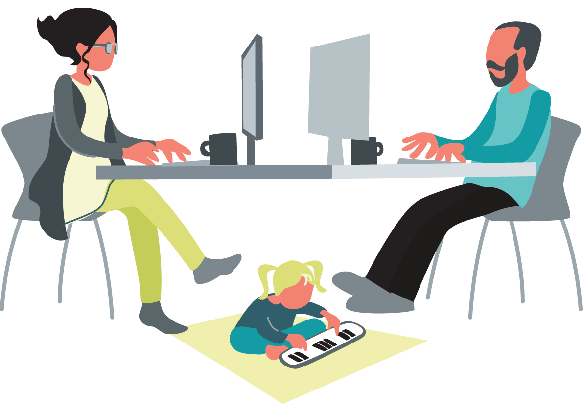 Mother and father sitting at two desks facing each other, child playing on the floor