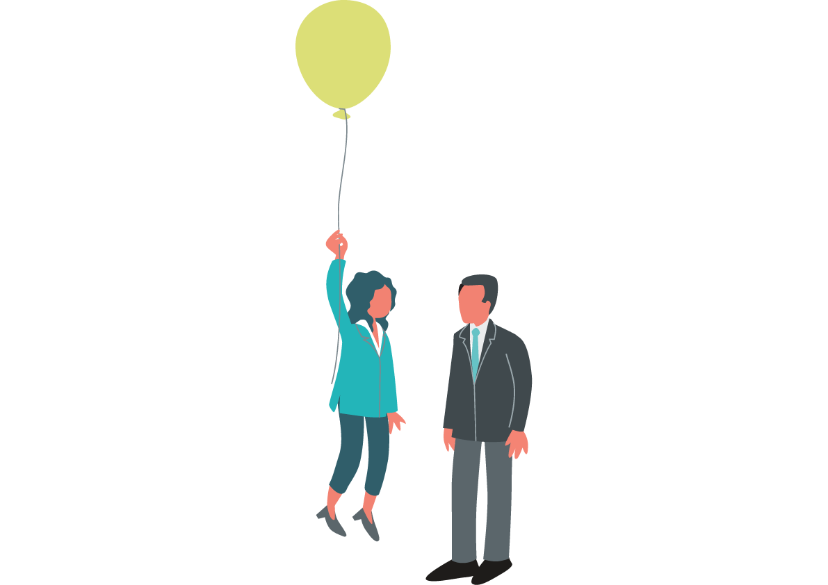 A tall man stands next to a short woman who is suspended from a balloon so that the two are looking at each other at eye level
