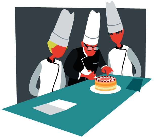 Graphic of a man with a chef's hat and two trainees