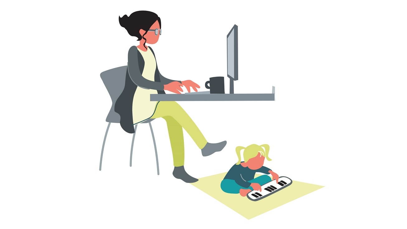 Abbildung Grafik Frau am Schreibtisch, spielendes Kind sitzt auf dem Boden